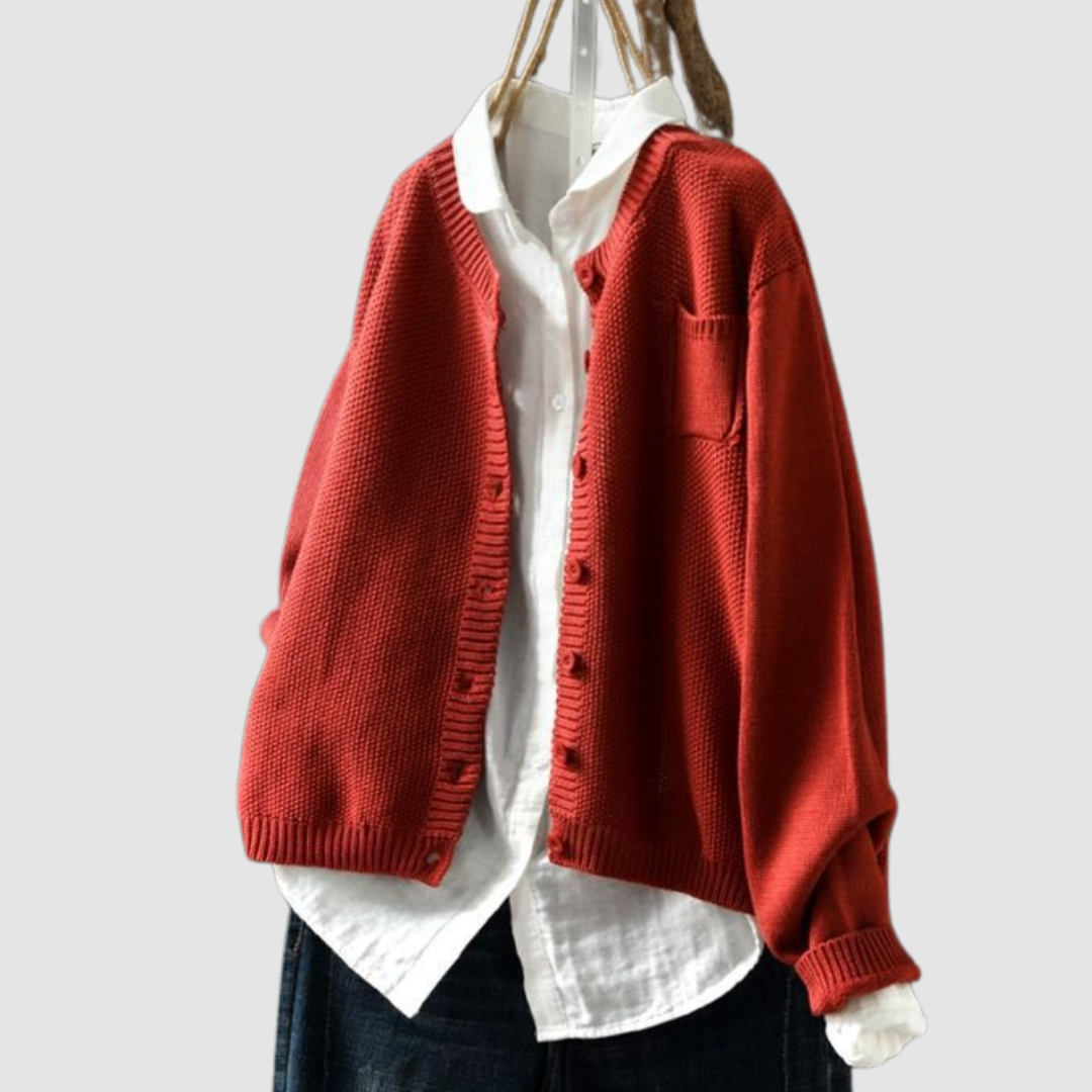 Margriet soft knit cardigan, rust red, button front and side pockets
