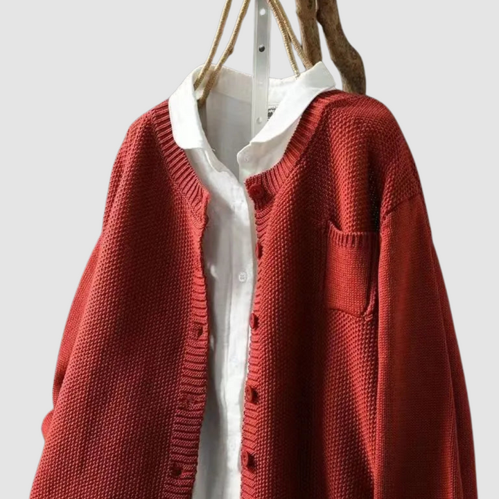 Margriet soft knit cardigan, rust red, button placket and chest patch pocket