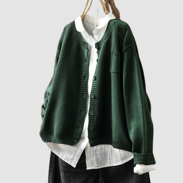 Margriet soft knit cardigan, dark green, button front and side pockets