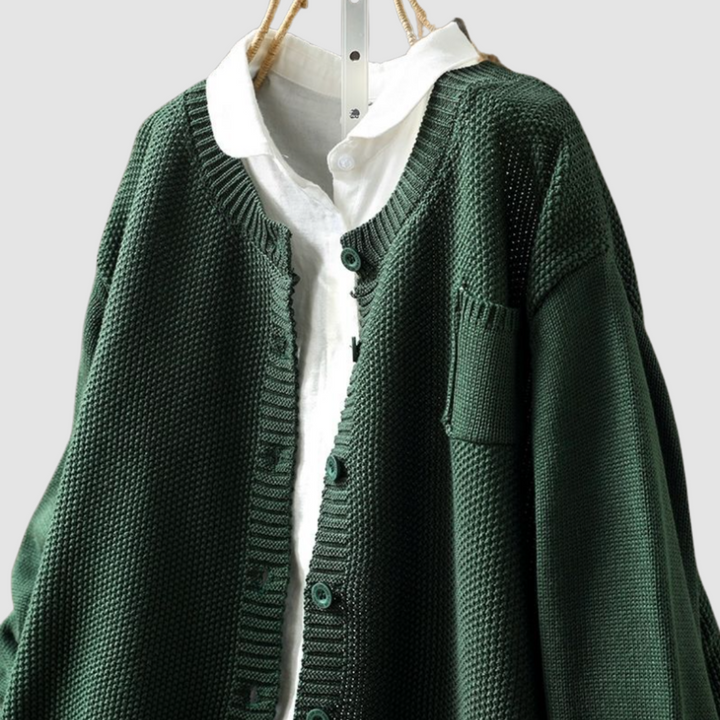 Margriet soft knit cardigan, dark green, button placket with chest patch pocket