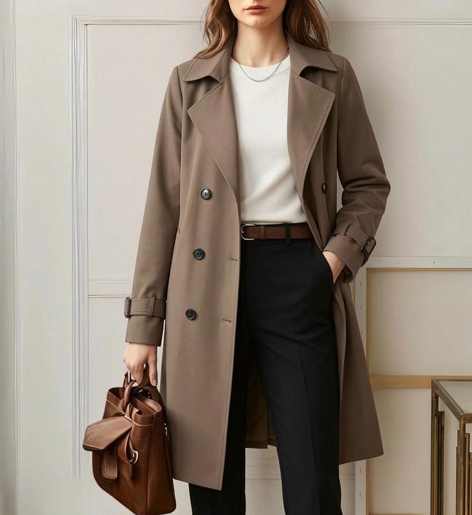 Khaki trench coat worn open with buckled cuffs and lapels