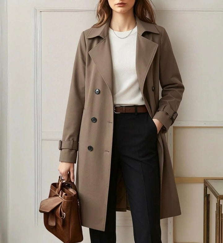 Khaki trench coat worn open with buckled cuffs and lapels