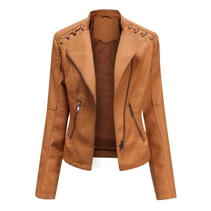 Caramel fitted biker jacket with asymmetrical zip front, zip pockets, and shoulder straps