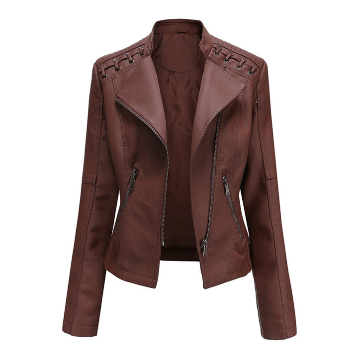 Brown fitted biker jacket with asymmetrical zip front, zip pockets, and shoulder straps