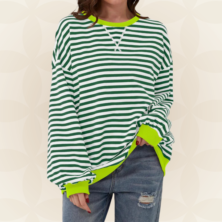 Jasmine™ striped sweater in green and white, V-neck, long sleeves, relaxed fit