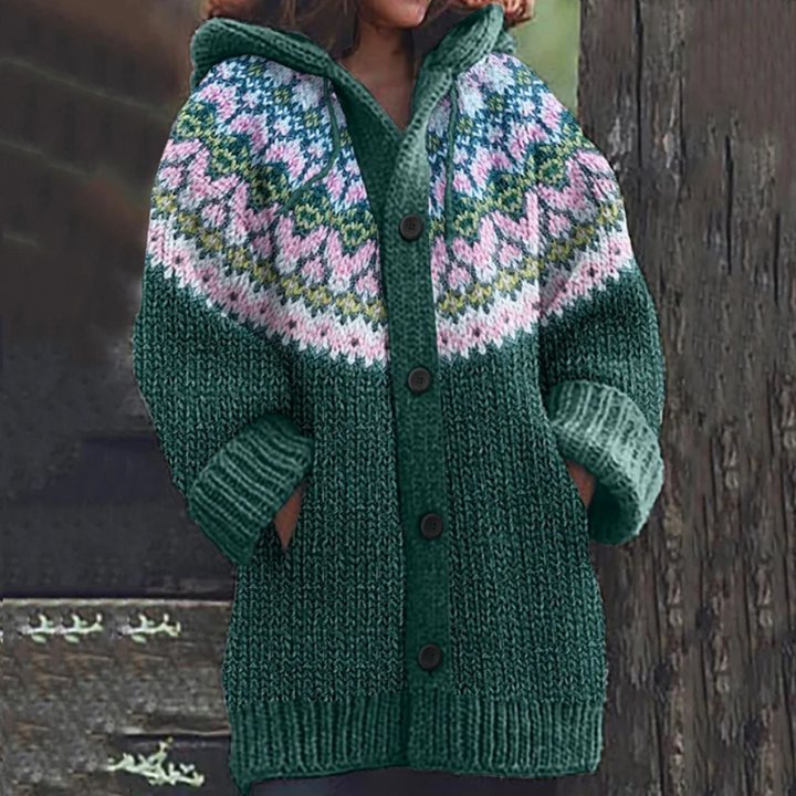 Green hooded knit cardigan vest with button front and multicolor zigzag yoke