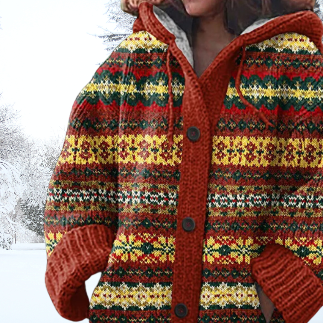 Orange-red knitted button-front cardigan vest with multicolor fair isle pattern and hood