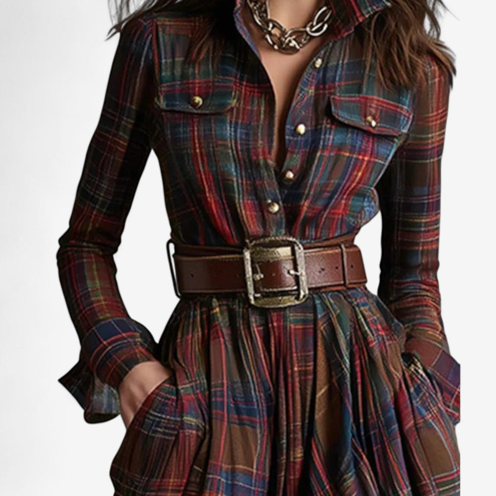 Plaid maxi shirt dress close-up: button placket and waist belt
