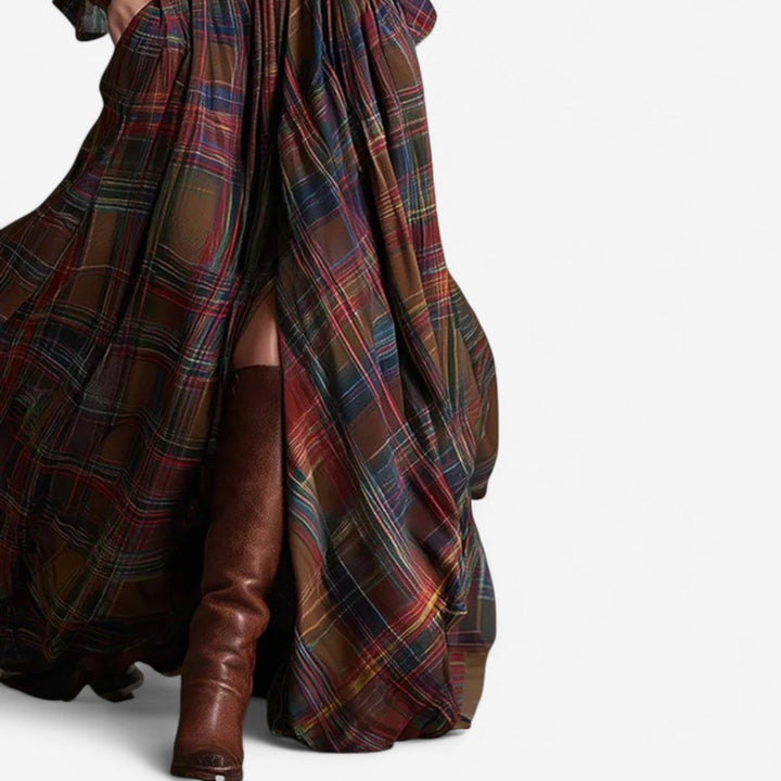 Dark plaid maxi dress with tiered skirt and waist belt