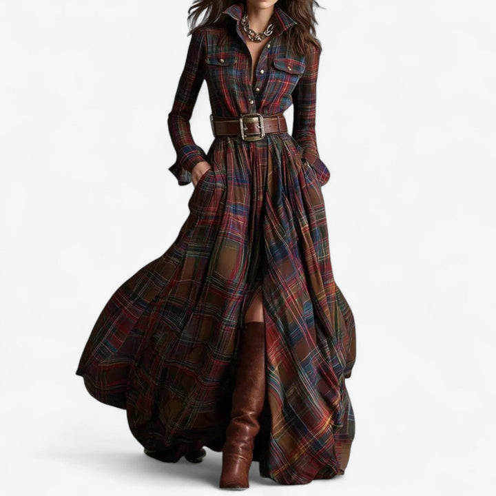 Dark plaid maxi shirt dress with button front and waist belt