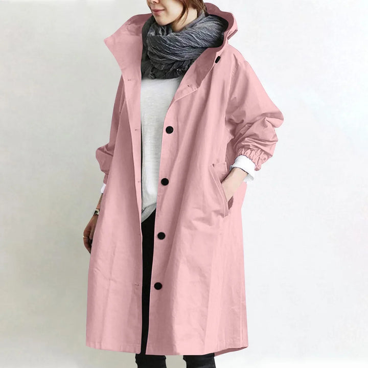 Hooded longline trench coat in light pink with double-breasted button front