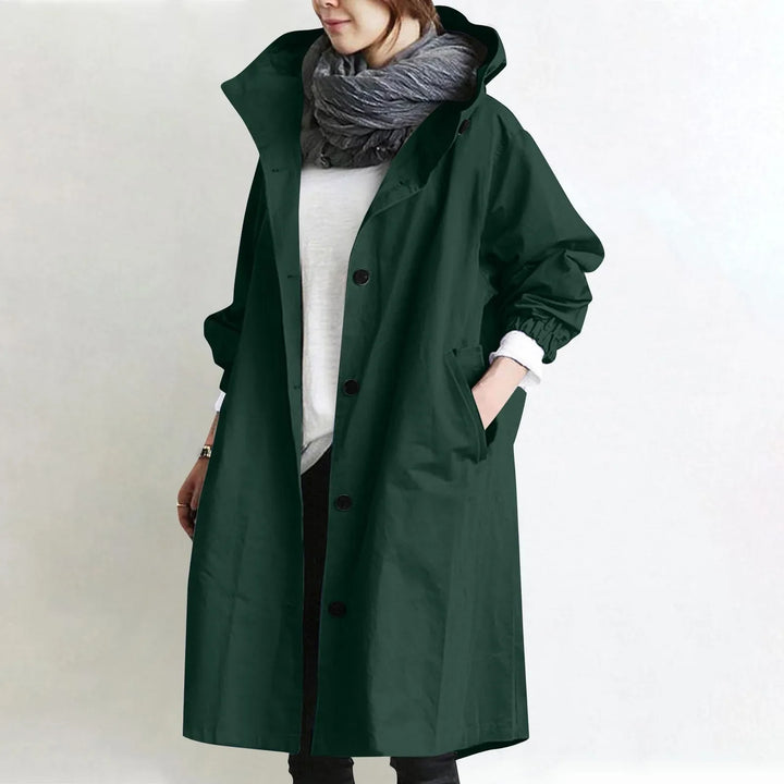 Hooded longline trench coat in forrest green with double-breasted button front