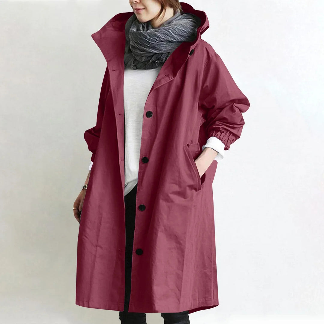 Hooded longline trench coat in wine red with double-breasted button front and hood