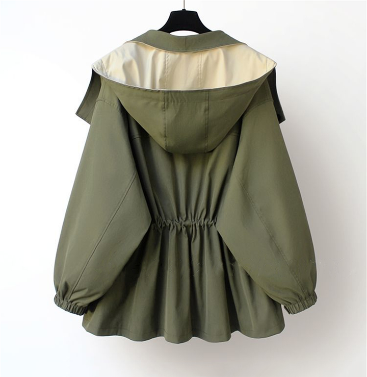 Olive green hooded windbreaker jacket with gathered back hem and elastic cuffs.