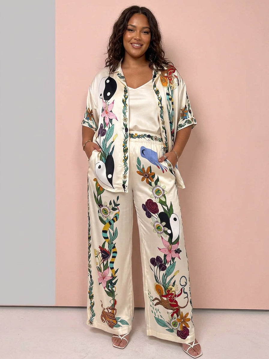 Nika | Resort Vibes Satin unique print shirt &amp; trousers set Fit