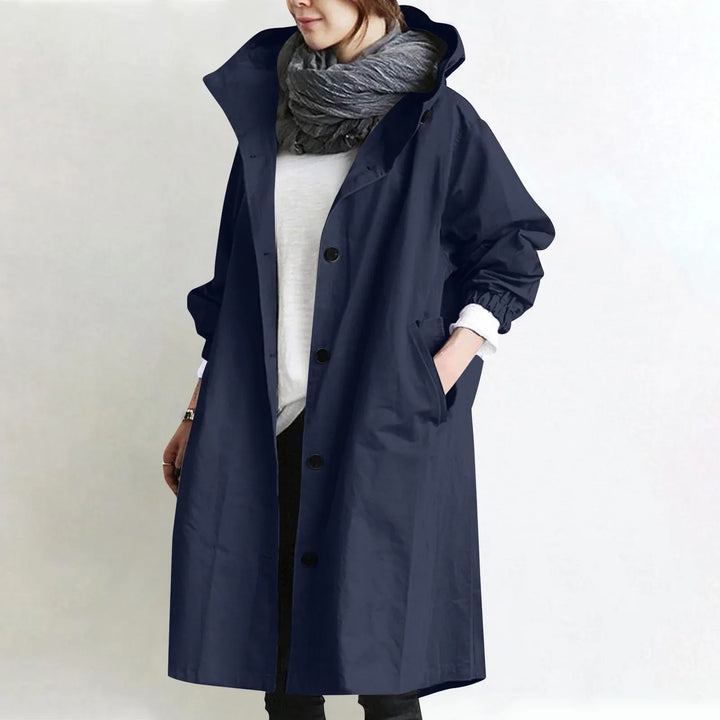 Hooded longline trench coat in navy blue with double-breasted button front