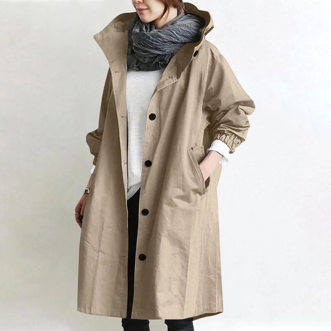 Hooded longline trench coat in sand beige with double-breasted button front