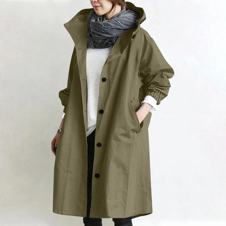 Hooded longline trench coat in dark green with double-breasted button front and hood