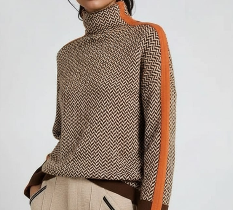 Women’s roll neck knit with chevron pattern, orange side stripe detail on sleeves