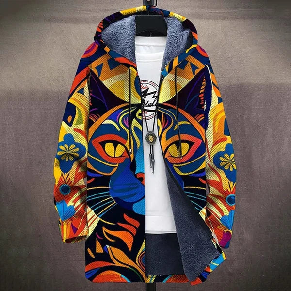 Lowen™ luxury zip cardigan with colorful cat art and hood, navy lining