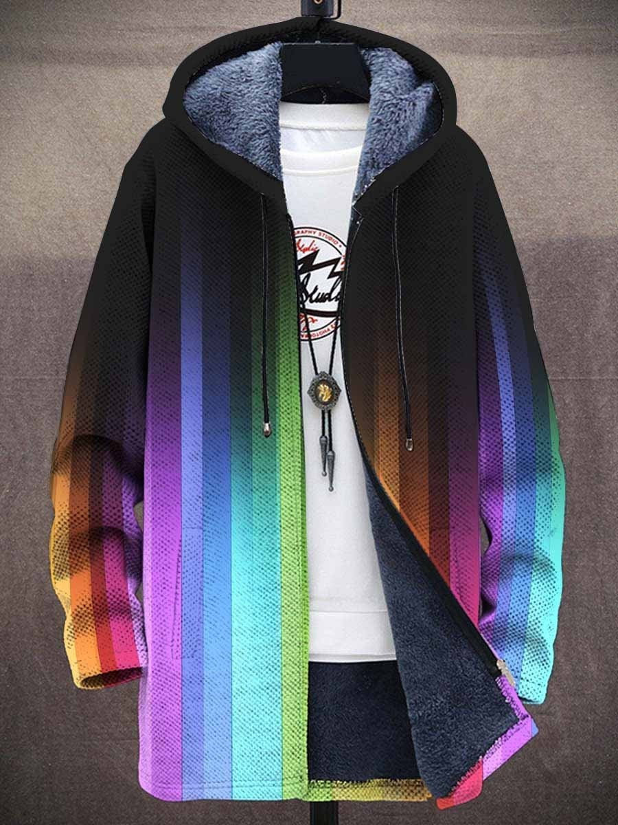 Tasma™ luxury cardigan with multicolor rainbow gradient sleeves and hood, zip-up front