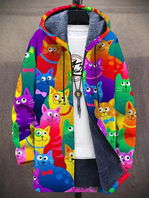 Tayari™ cat-pattern zip-up cardigan with hood, multicolor
