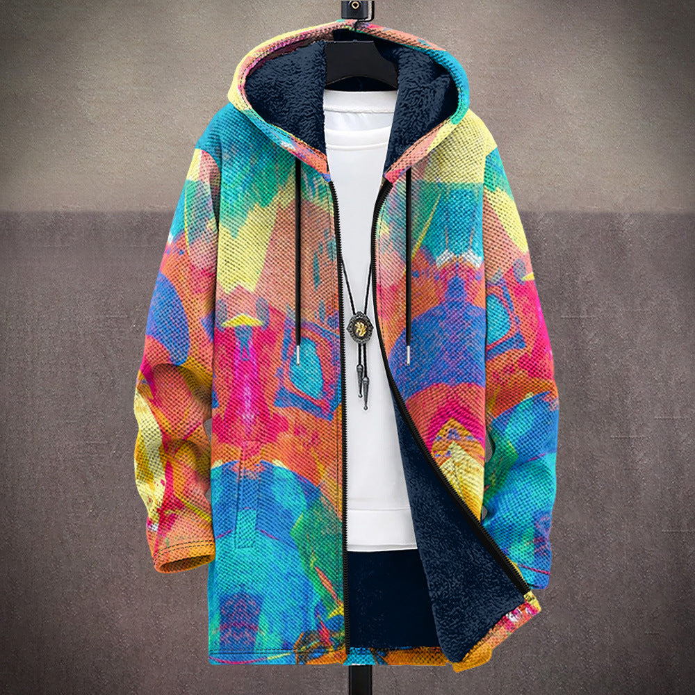 Multicolor hooded cardigan with abstract print, full zip and dark lining