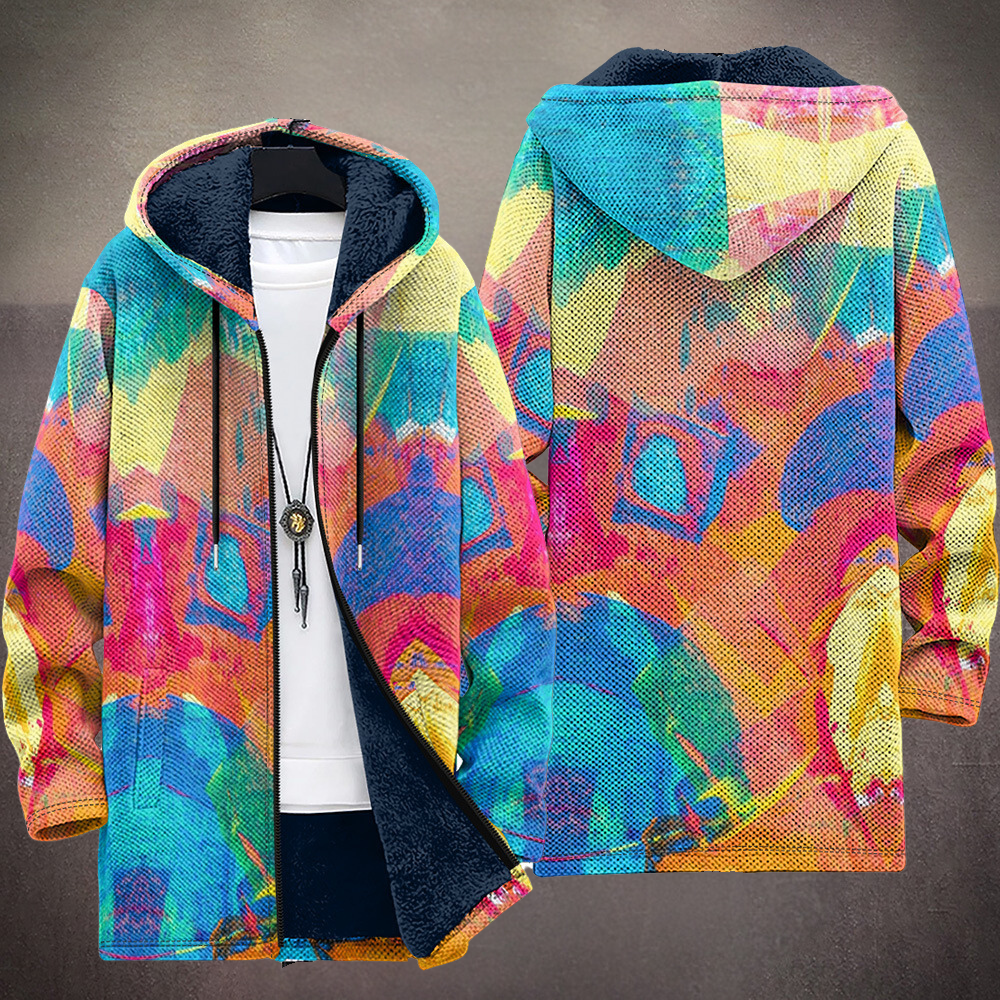 Multicolor abstract-print hooded cardigan with back view and dark hood lining