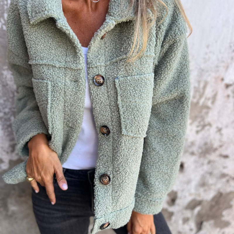 Light green teddy jacket with button placket and flap chest pockets