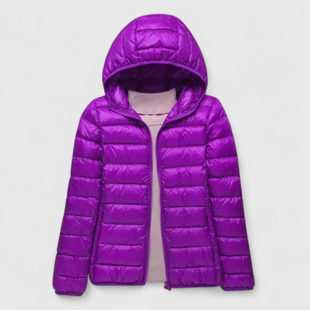 Ultralight hooded puffer jacket in purple, full-zip front with quilted panels