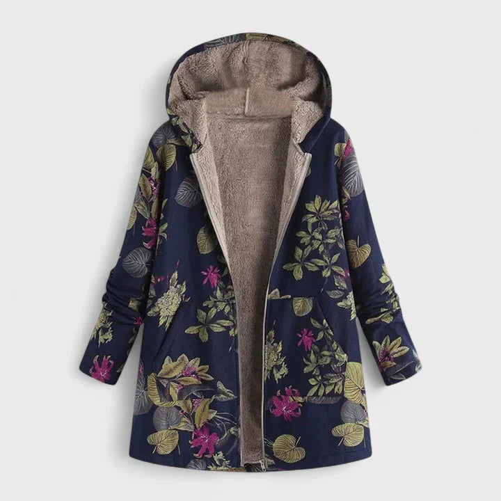 Dark blue floral vintage parka with hood, zip front, taupe sherpa lining