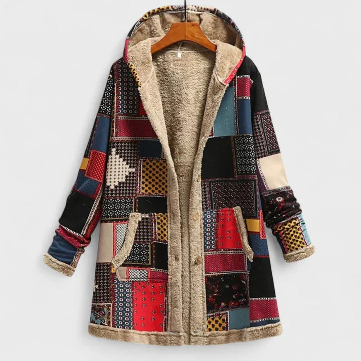 Multicolor patchwork vintage parka with hood, zip front, tan sherpa lining
