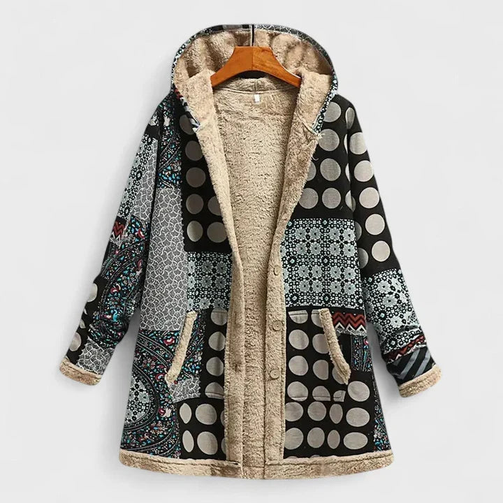 Black and white geometric vintage parka with hood, zip front, tan sherpa lining