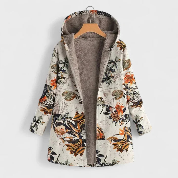 Beige floral vintage parka with hood, zip front, taupe sherpa lining