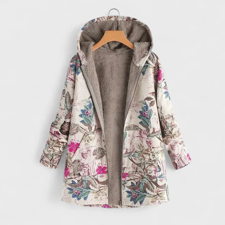 Cream floral vintage parka with hood, zip front, taupe sherpa lining