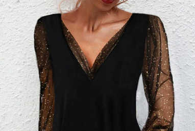 Black rhinestone-trim V-neck midi dress with long sheer sleeves