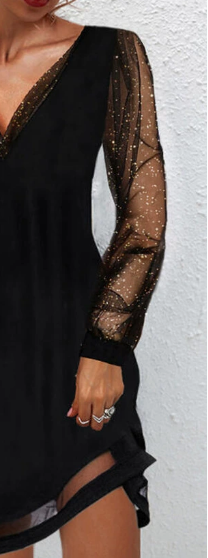 Black rhinestone border V-neck midi dress with sparkly sheer sleeves