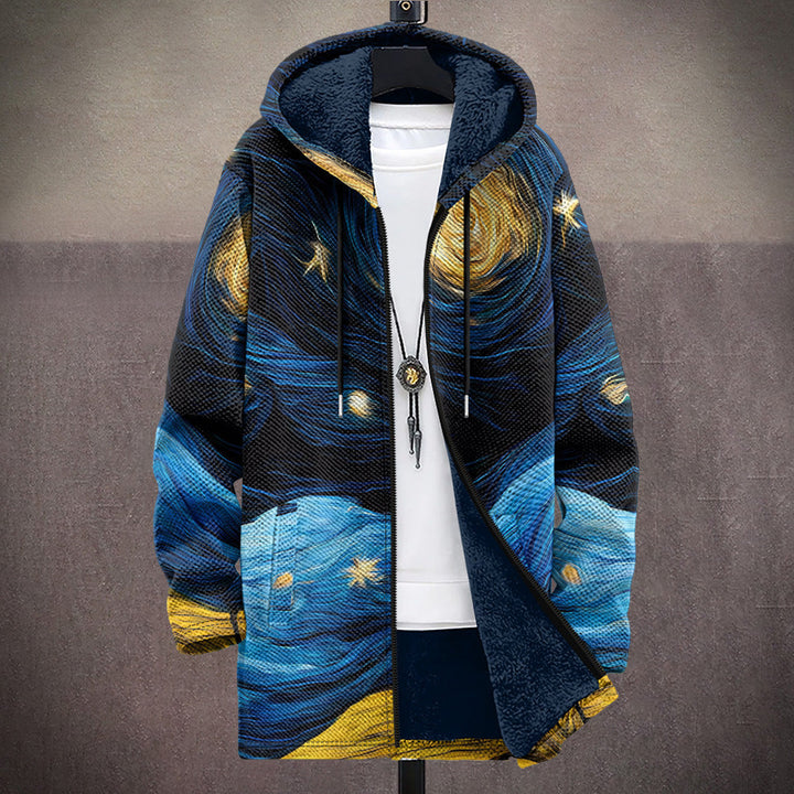 Multicolor hooded cardigan with zip front and starry ocean wave print in blue and yellow