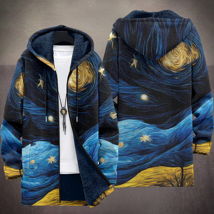 Multicolor hooded cardigan, back view, zip-up with swirling blue-and-yellow wave print
