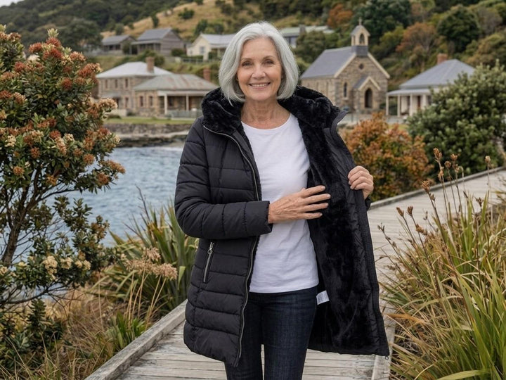 Black quilted A-line winter coat with black fleece hood and front zipper
