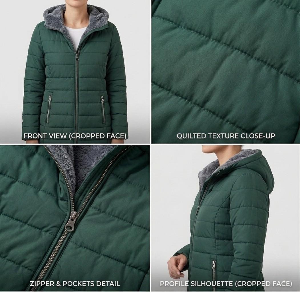 Dark green quilted coat close-up: zip front, side zip pockets, fuzzy hood lining.