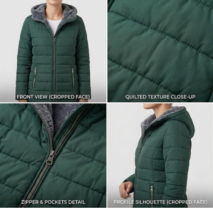 Dark green quilted coat close-up: zip front, side zip pockets, fuzzy hood lining.