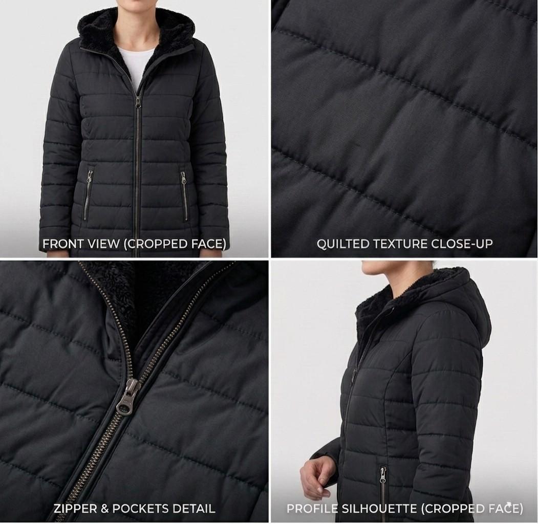 Black quilted coat close-up: zip front, side zip pockets, and plush hood lining.