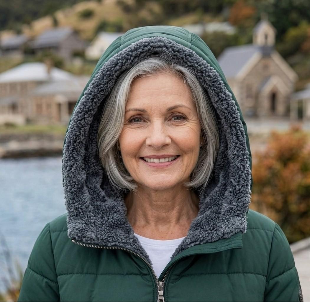Dark green quilted A-line winter coat with gray fleece hood up at the collar