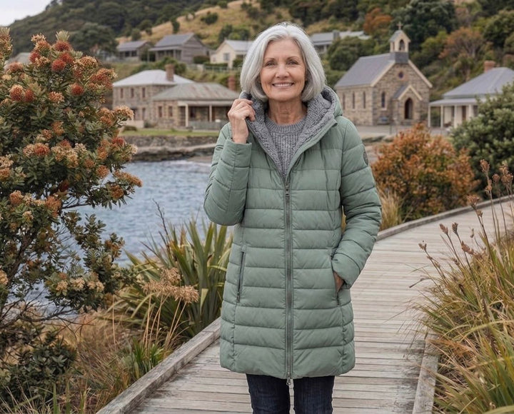 Dark green quilted A-line winter coat with hood, front zip, and side zip pockets.