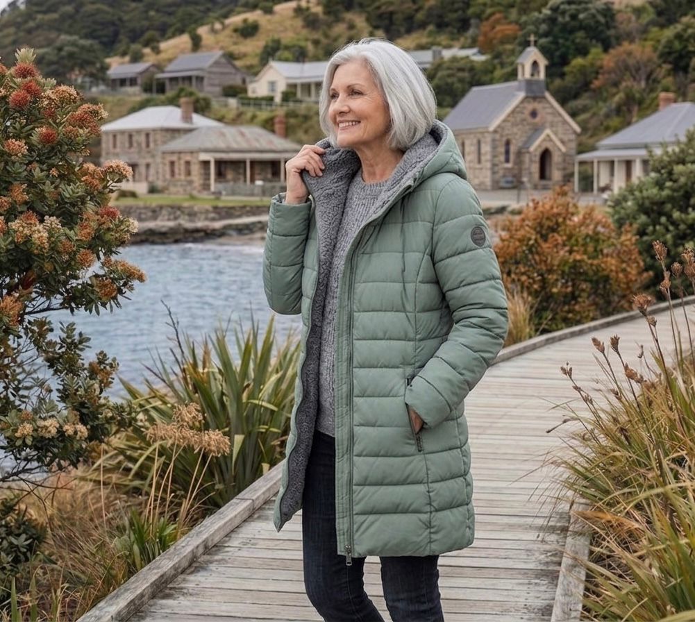 Dark green quilted A-line winter coat side view with hood, front zip, and zip pocket.