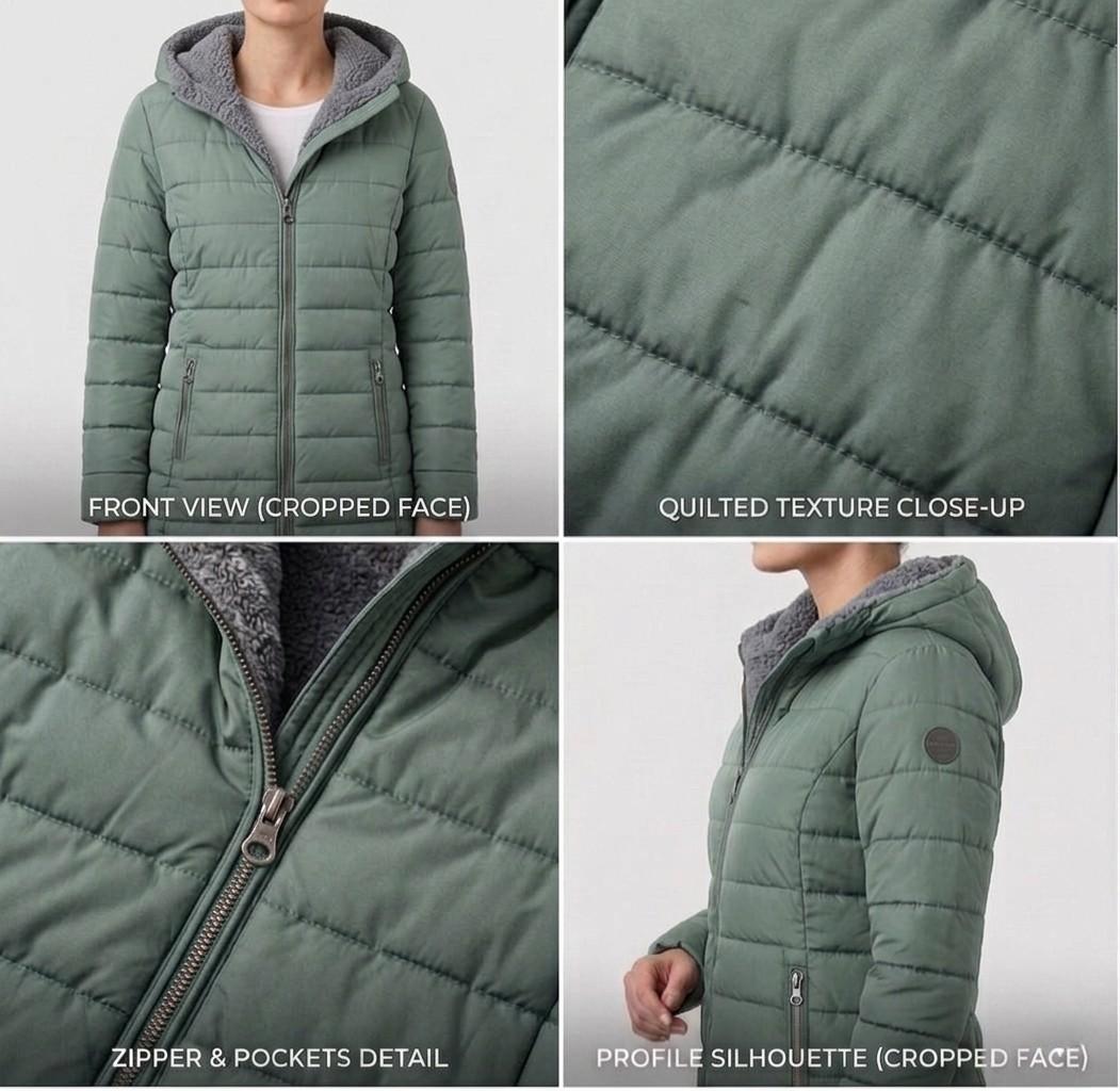 Light green quilted coat close-up: textured quilting, front zip, side zip pocket.
