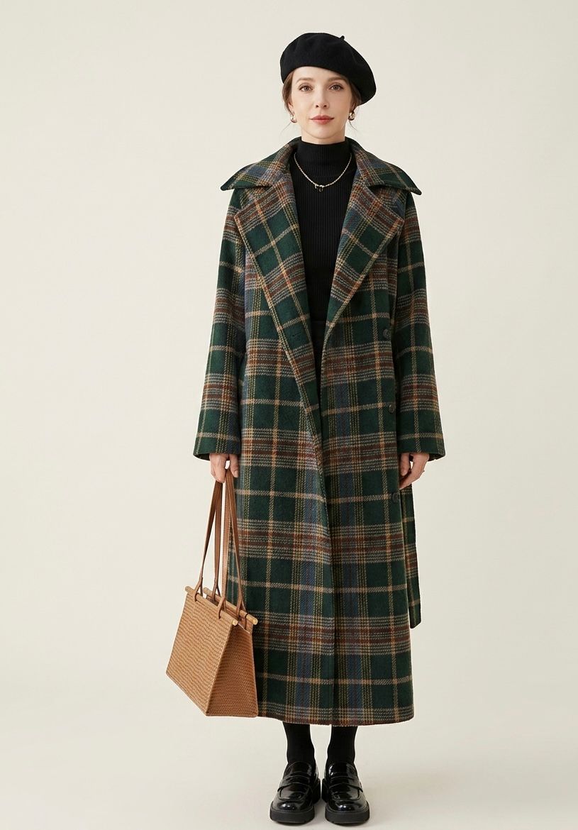 Forest green plaid longline coat with belt and notched lapels, long sleeves, full length