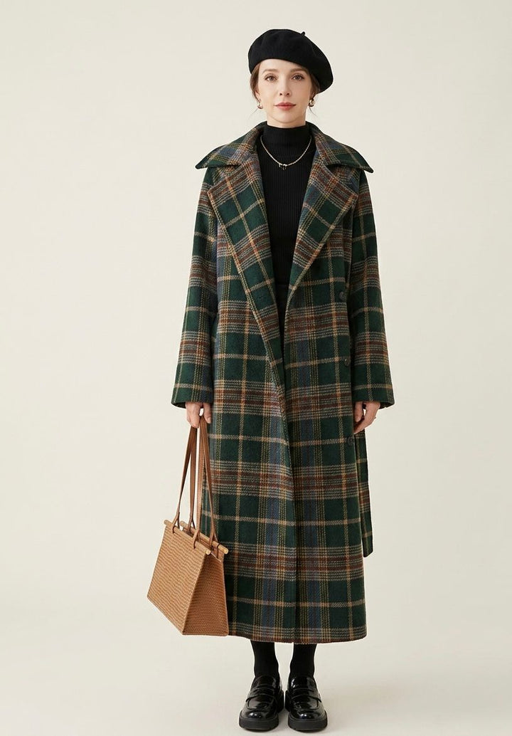 Forest green plaid longline coat with belt and notched lapels, long sleeves, full length