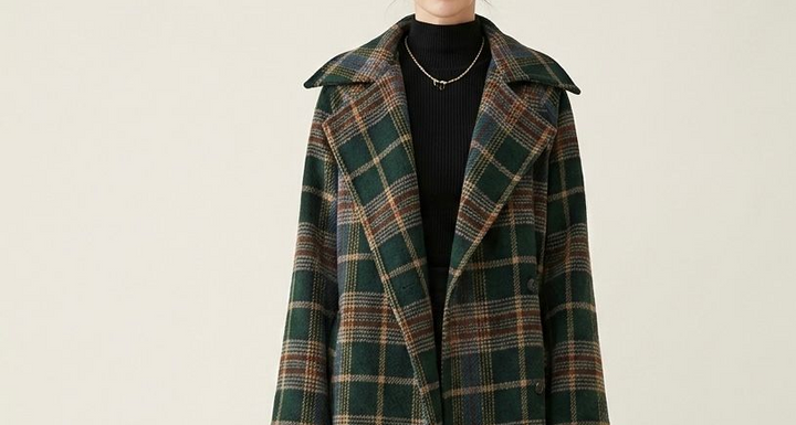 Forest green plaid longline coat detail: notched lapels, buttoned front, belt